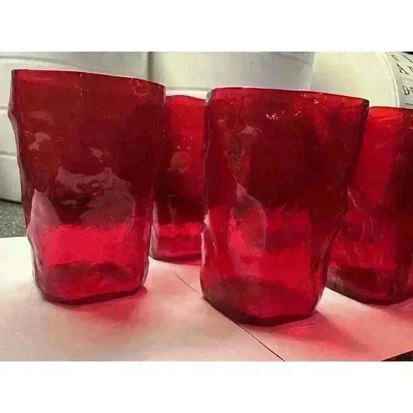 7 Vintage Ruby Red Morgantown Seneca Crinkle Driftwood Juice Mid Century glasses - Picture 7 of 8